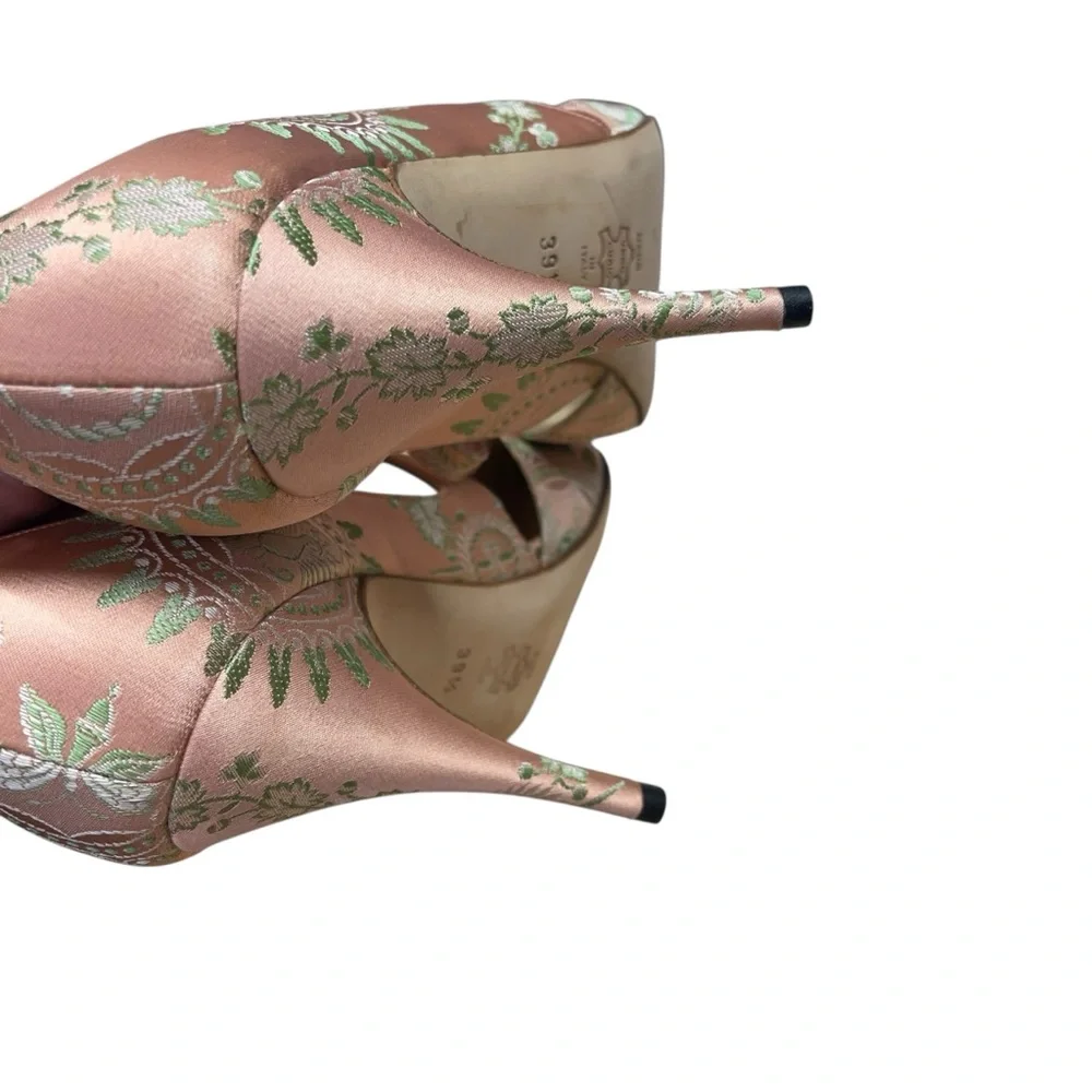 Manolo Blahnik Pink Silk Jacquard D’Orsay Heels Crystal Button Pumps